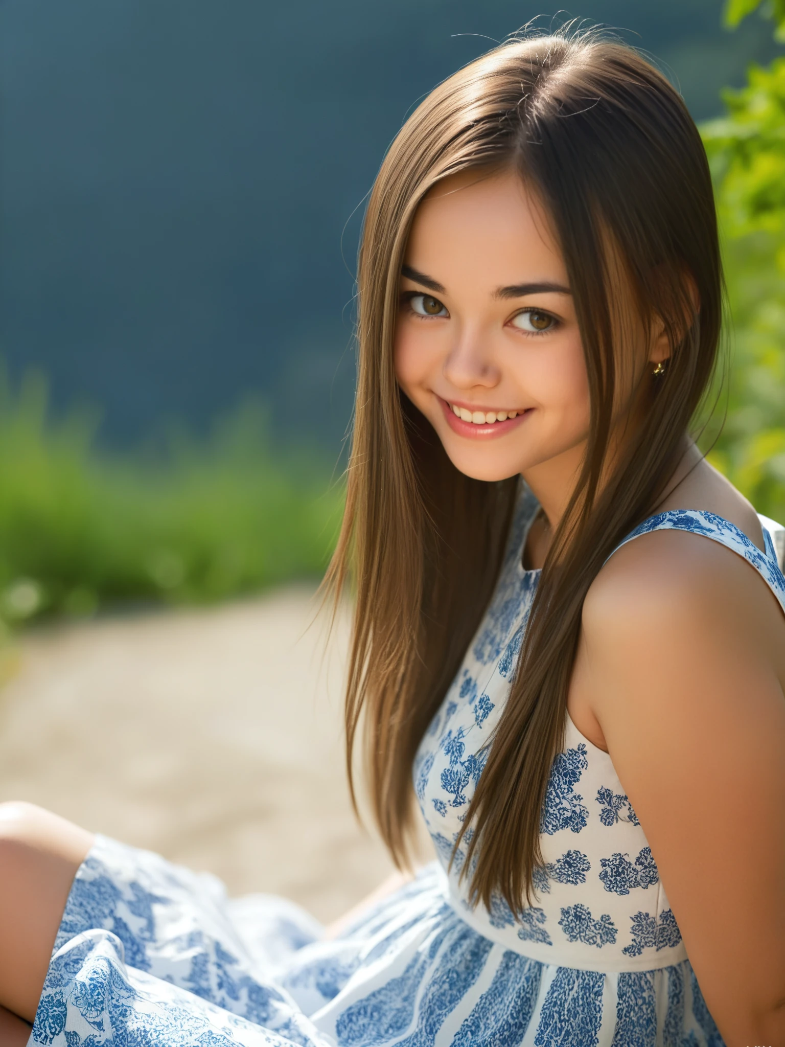 <lora:SDXL_LiMoon_v1:1> , limoon, girl, straight hair, sitting outside, smile, summer dress, looking at viewer, upper body, highres, masterpiece, best quality, ultra-detailed 8k wallpaper, extremely clear