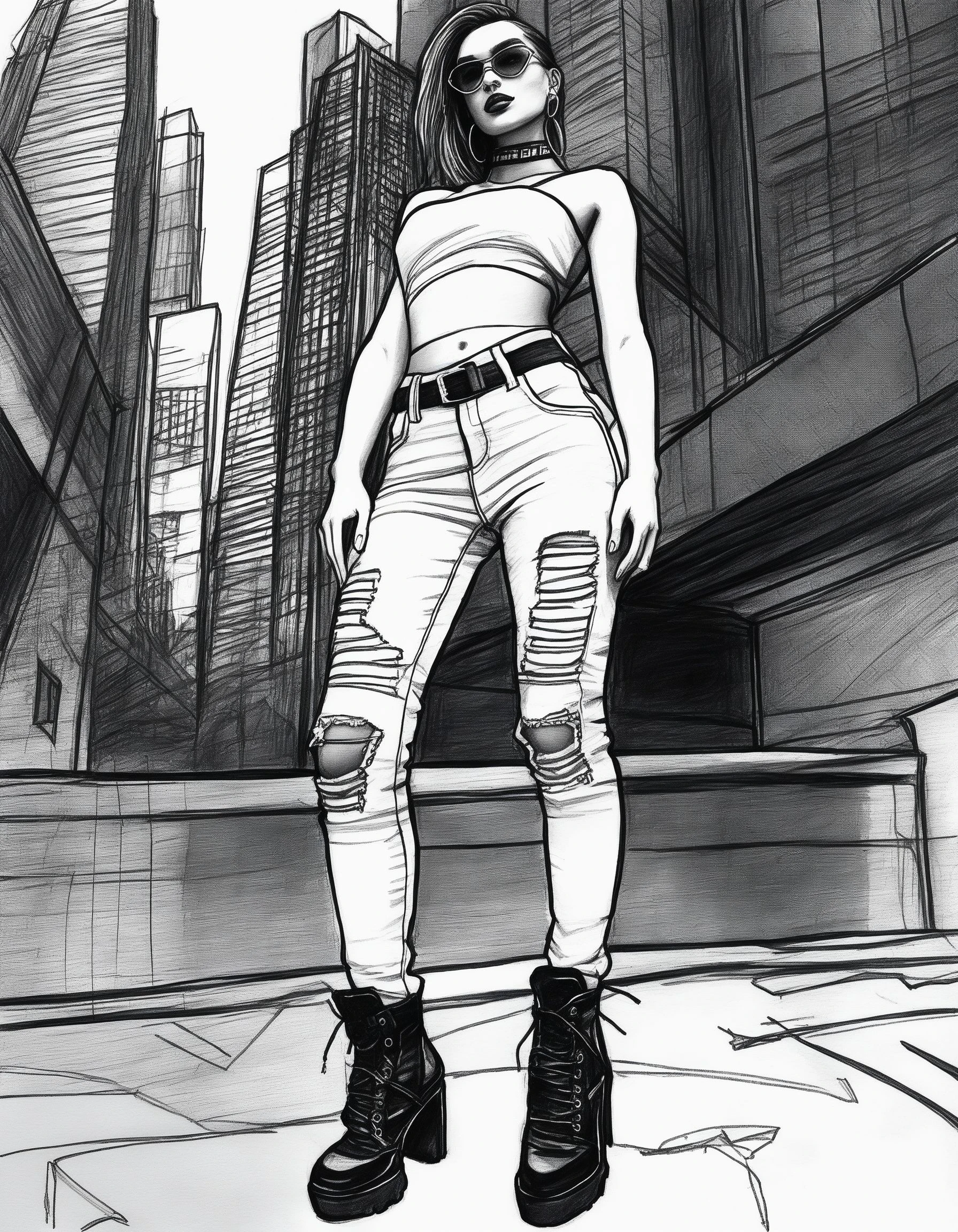 a black and white pencil sketch of GloriaSolSDXL, striking a bold pose, Cyberpunk fashion, ripped jeans, futuristic attire with neon accents, bustling cyberpunk cityscape, art paper, shading, smudging, high art, life drawing <lora:GloriaSolSDXL:1>