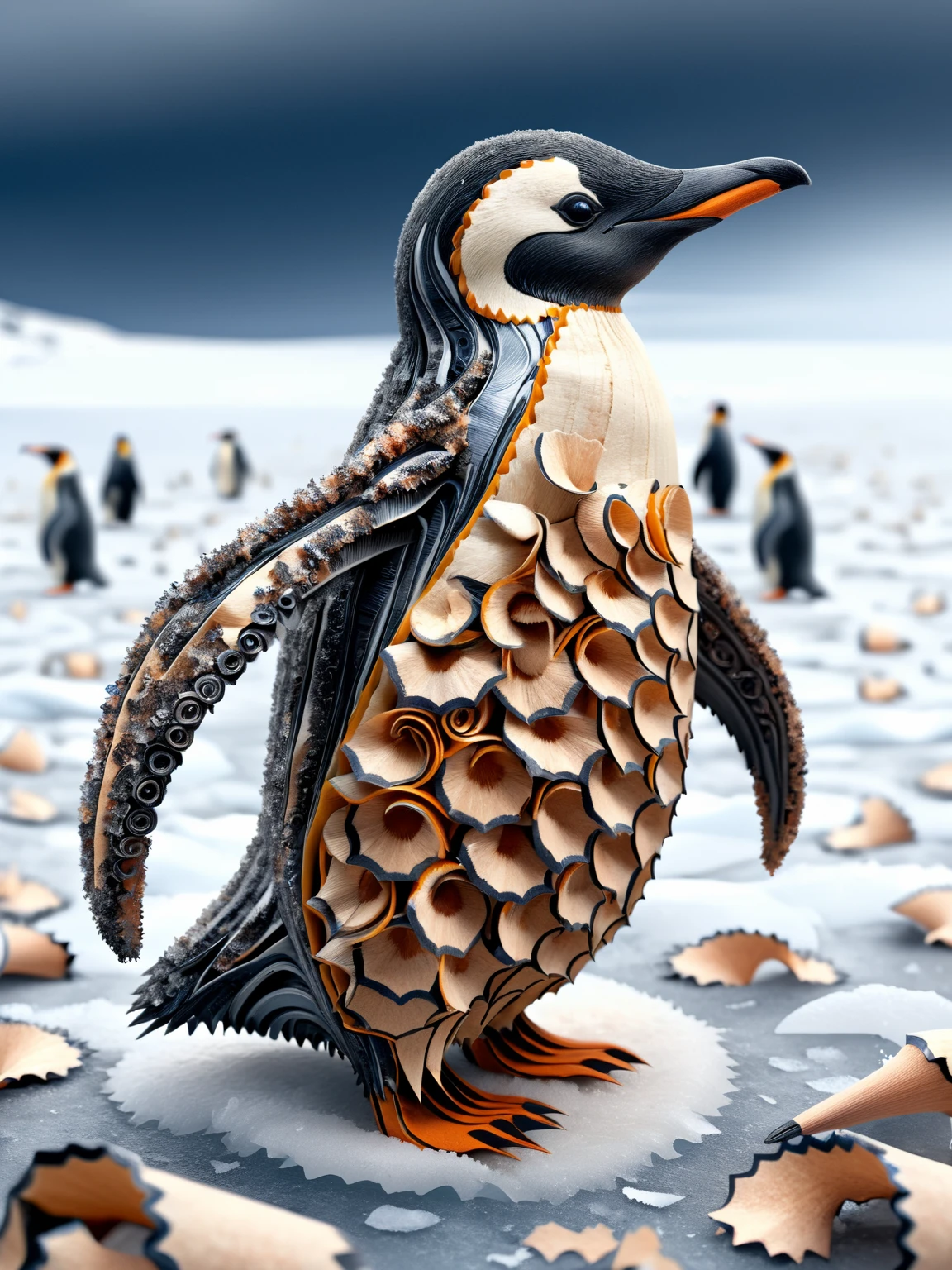 An ais-pencilshavings penguin, stood on the frozen tundra, dynamic, cinematic, masterpiece, intricate, hdr. <lora:Pencil_Shavings_Style_SDXL:1>