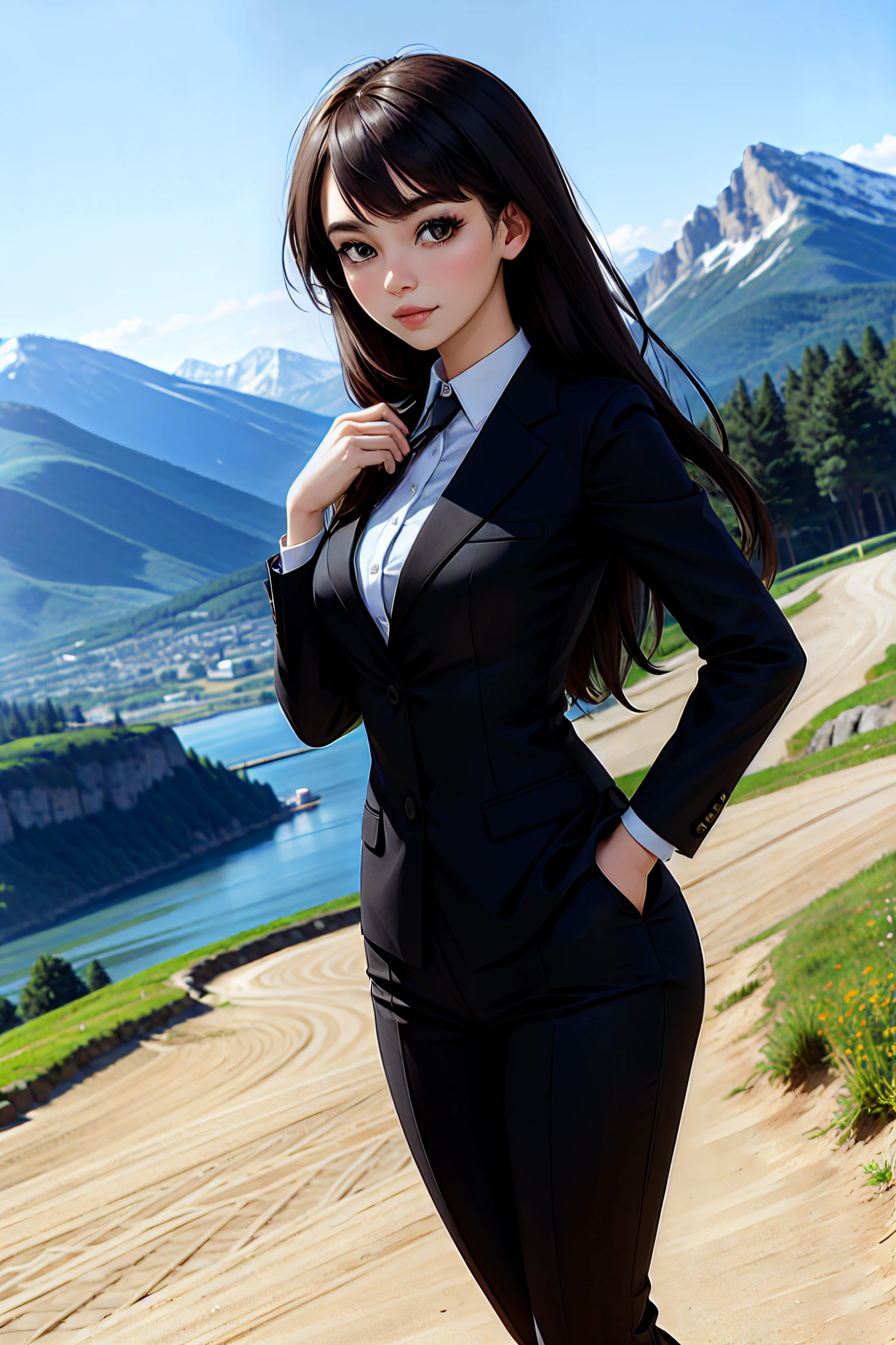 1girl, fullbody, (beautiful:1.1 cute:1.2 serious:1.1 girl:1.2 face, (business suit)), standing, (village), mountain top scenery, photorealistic, portrait, embedding:sd15/pos/edgquality:1.2