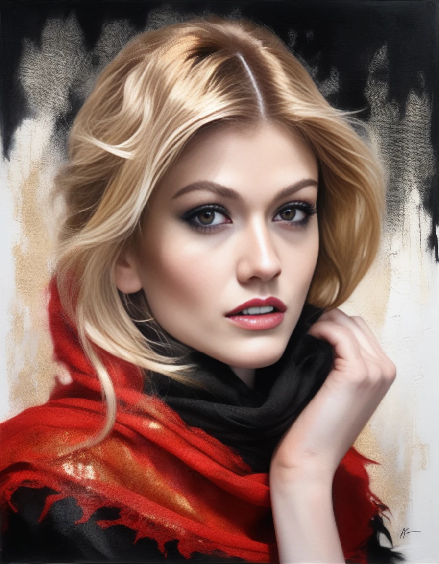 KatherineMcnamara,<lora:KatherineMcnamaraSDXL:1>breathtaking portrait of a gorgeous girl, sultry, red scarf, dark gold and black, gossamer fabrics, jagged edges, eye-catching detail, insanely intricate, vibrant light and shadow , beauty, paintings on panel, textured background, captivating, stencil art, style of oil painting, modern ink, watercolor , brush strokes, negative white space