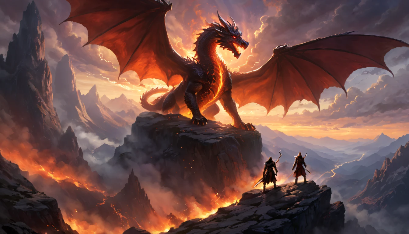 ethereal fantasy concept art of A party of four brave adventurers navigates the treacherous and misty mountain pass, their eyes fixed on the ominous silhouette of the Fire Dragon's Lair looming ahead. As they ascend, tendrils of God Light pierce through the dark clouds overhead with lightning, casting dramatic shadows upon the rugged terrain below. In the distance, a lone dragon soars majestically against the backdrop of the fiery setting sun, adding an air of foreboding mystery as our heroes forge forward into certain danger. high contrast, style of Greg Rutkowski and Fitz Henry Lane and Shahab Alizadeh, . magnificent, celestial, ethereal, painterly, epic, majestic, magical, fantasy art, cover art, dreamy