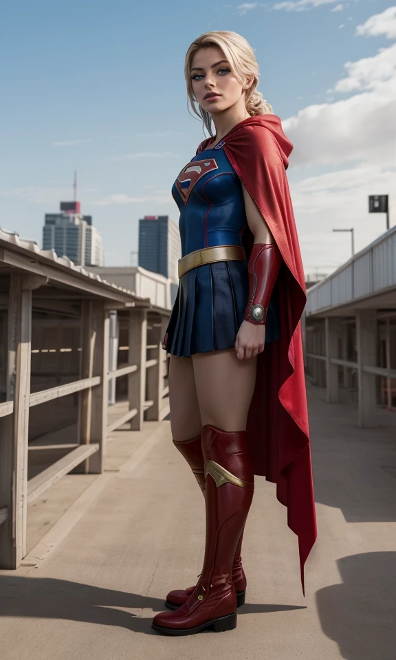 Sydney Sweeney in the Supergirl costume but her boots are slightly stained with purple slime. She looks at them worriedly
