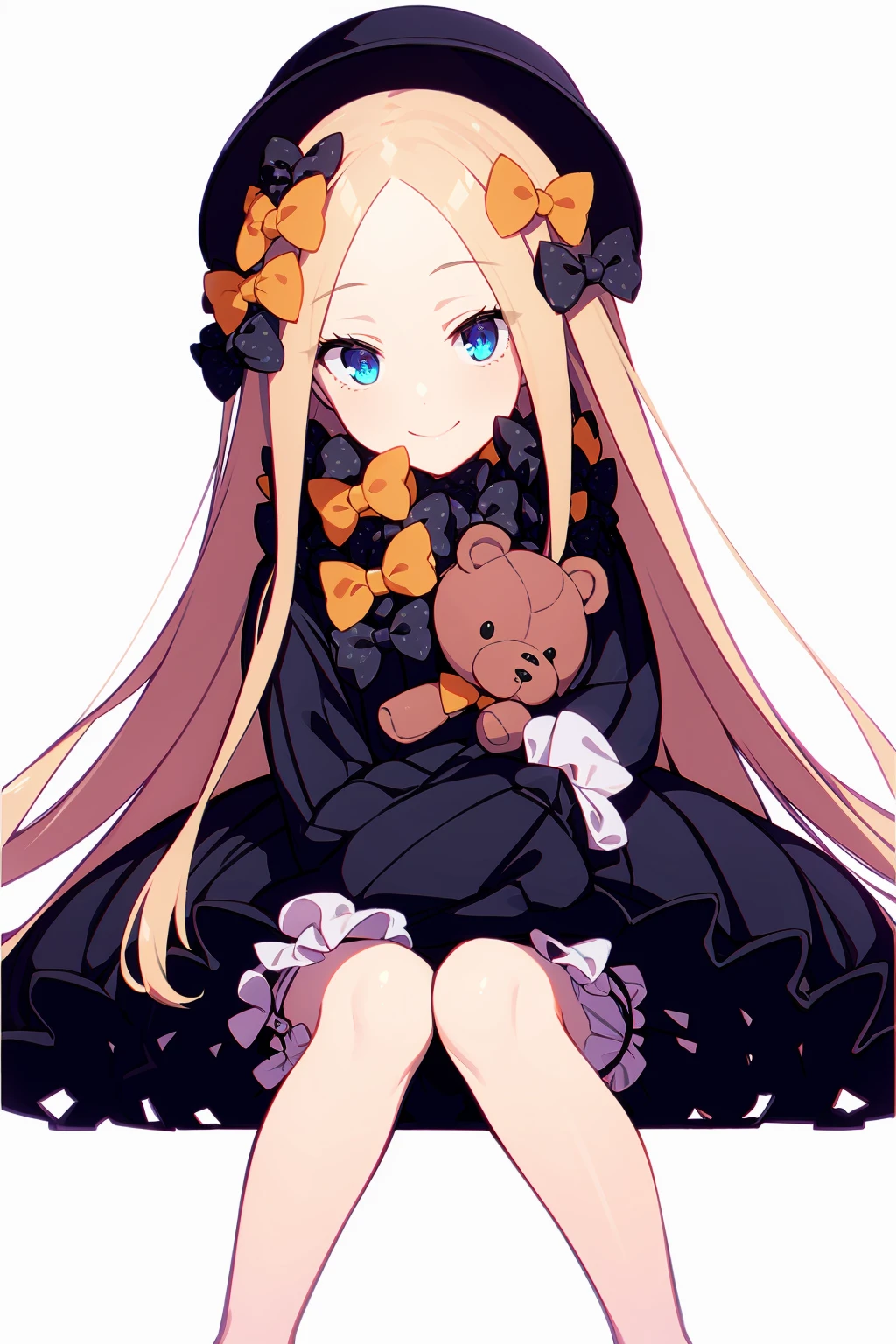 masterpiece, best quality,  <lora:AbigailWilliams:1>,1girl, abigail williams (fate), blonde hair, long hair, solo, blue eyes, dress, bow, orange bow, stuffed toy, hair bow, looking at viewer, hat, black bow, black dress, stuffed animal, black headwear, bangs, teddy bear, parted bangs, polka dot bow, long sleeves, polka dot, forehead, sleeves past wrists, multiple hair bows, sleeves past fingers, bloomers, sitting, white bloomers, closed mouth, very long hair, underwear, ribbed dress, object hug, small breasts, holding stuffed toy, white background, crossed legs, smile, simple background