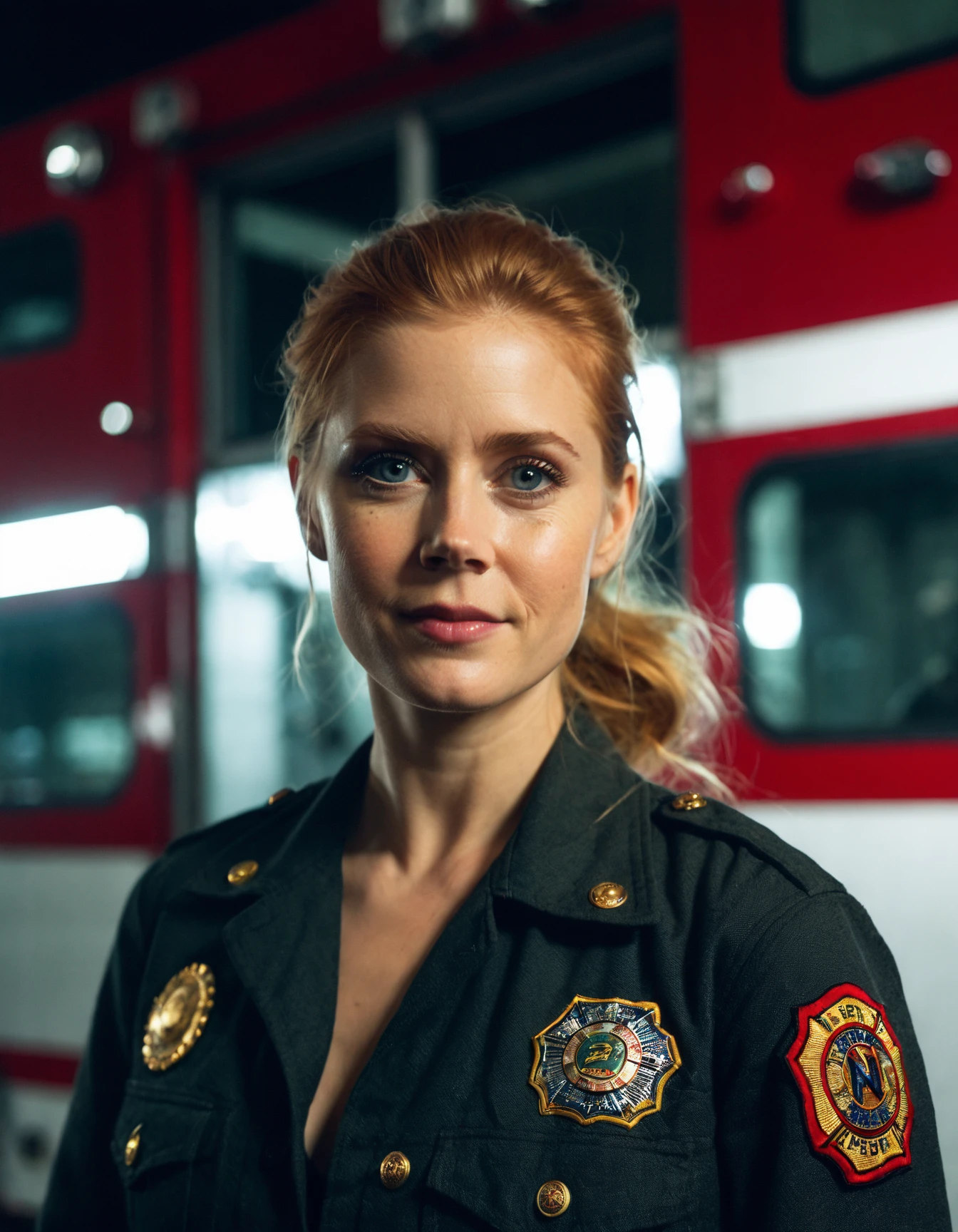 cinematic photo professional fashion close-up portrait photography of ((ohwx woman)) at fire station during Midnight, Nikon Z9 <lora:amyadams_dh128_v1_sdxl:1> . 35mm photograph, film, bokeh, professional, 4k, highly detailed