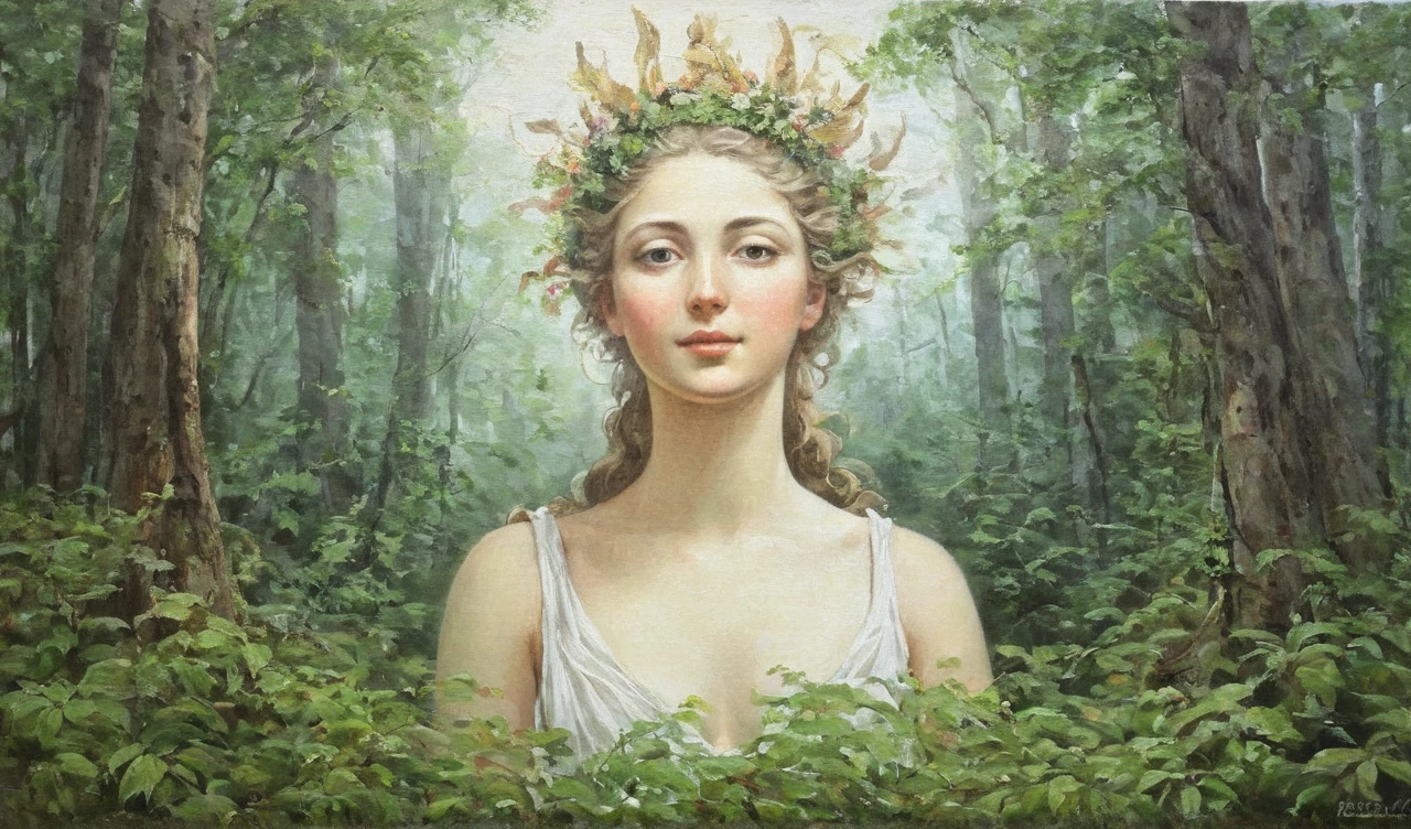 An elf in a vegetative forest in John William Waterhouse style, by Peter Paul Rubens, featuring lush detailing, distinctive noses, perfect healthy body, thick figure, big natural breast, and traditional oceanic art in high detail, close-up, light gold, and green, best quality, masterpiece, ethereal beauty, aesthetic Art, detailed Art, intricate, 