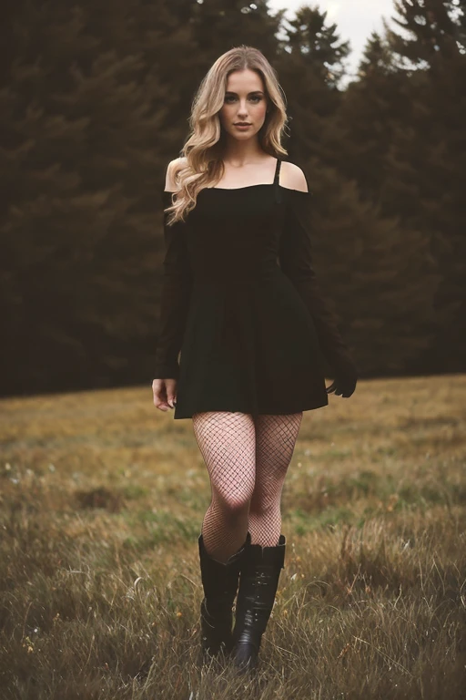 full body photo of a cute 25yo woman <lora:JackieFialloLegs:0.9>. Standing in a field. In black boots and a black dress and fishnet stockings and grass and trees and bushes. Very detailed, matte skin, pores, 4K, natural, realistic, photograph, photorealistic.