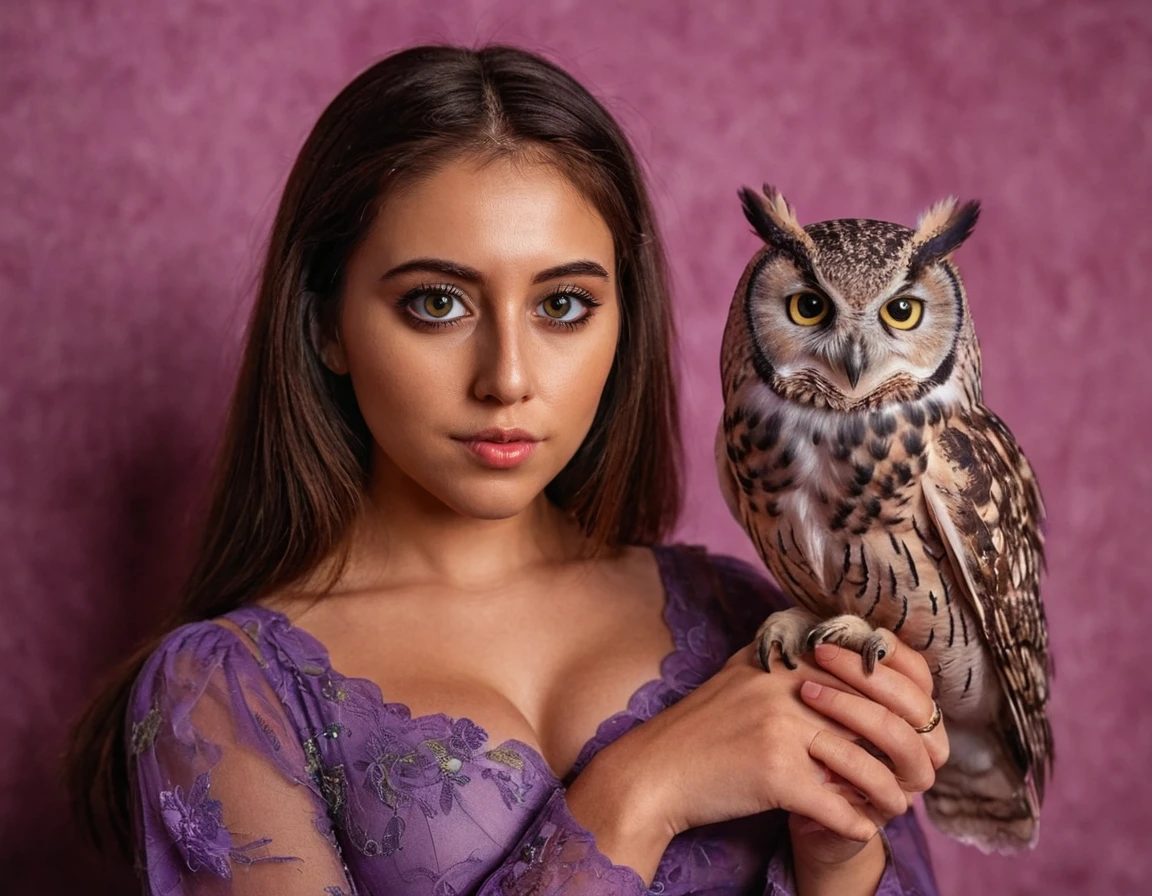 violetb a woman posing for a picture holding a owl on her hand, intricate, elegant, sharp focus, detailed, cinematic, highly detail, modern fine full color, very coherent, cute, innocent, inspired, pretty light, background composed, dramatic deep colors, professional, extremely nice, great composition, clear artistic quality, perfect, dynamic, lively, ambient, complex