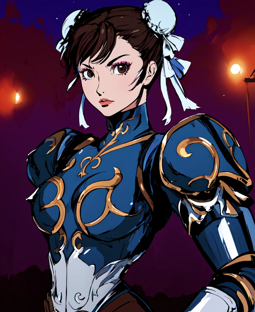 green sky, night, wasteland,
(upper body), solo focus, 1girl, looking at viewer, (serious), lipstick, makeup, [prettyeyes], (knight armor, plate armor, metal armor), <lora:dh-BrinkOfMemories:1> <lora:Classic_Chunners-DEF:0.7> chunli, double bun, brown hair,
