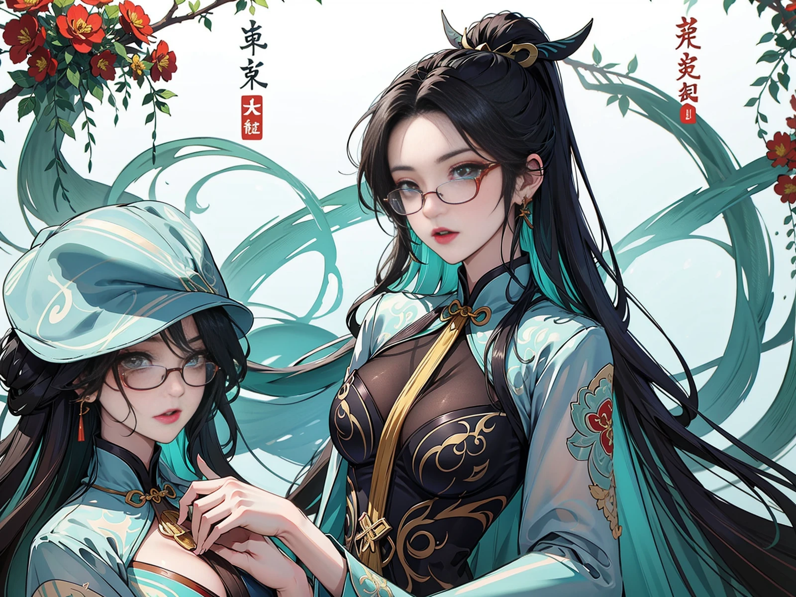genshin_impact,Cloud Retainer,liuyunjiefeng, liuyunjiefeng_(genshin_impact),
a woman with long hair and a white dress holding a cigarette in her hand and a flower in her hair, 1girl, glasses, hair_over_one_eye, earrings, flower, breasts, long_hair, green_eyes, dress, solo, chinese_clothes, black-framed_eyewear, jewelry, very_long_hair, looking_at_viewer, china_dress, long_sleeves, wide_sleeves, holding