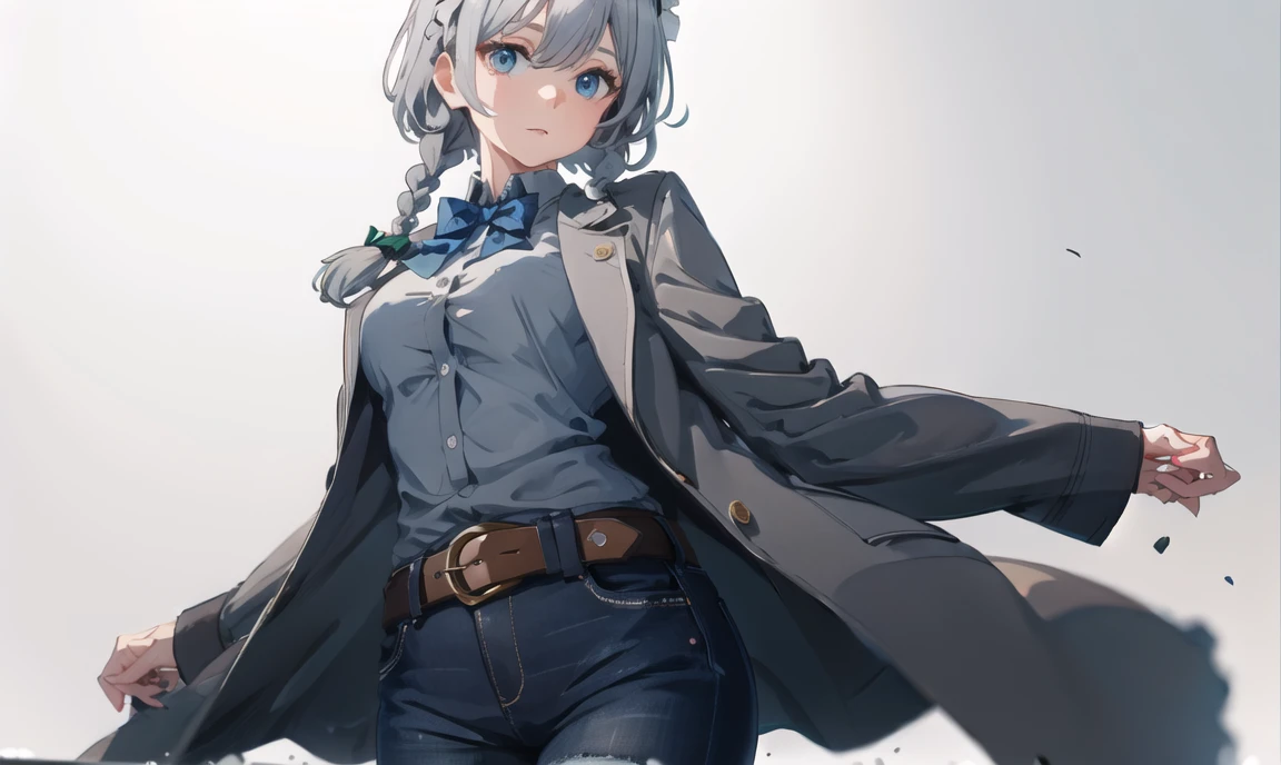 finely detail, Depth of field,best quality, illustration,highres,intricate detail, an extremely delicate and beautiful,shiny, physically-based rendering, Bokeh, Studio lighting, ultra-fine painting, Highly detailed, masterpiece, best quality, HDR,UHD,8K, Professional
1girl,solo,izayoi sakuya,blue eyes, grey hair,short hair, twin braids,long hair,blue bowtie, hair bow, ribbon,, breast,headdress, braid,grey coat, grey shirt,belt,black jeans,
simple background,dynamic pose, <lora:20240110-1704857272830-0015:0.3>