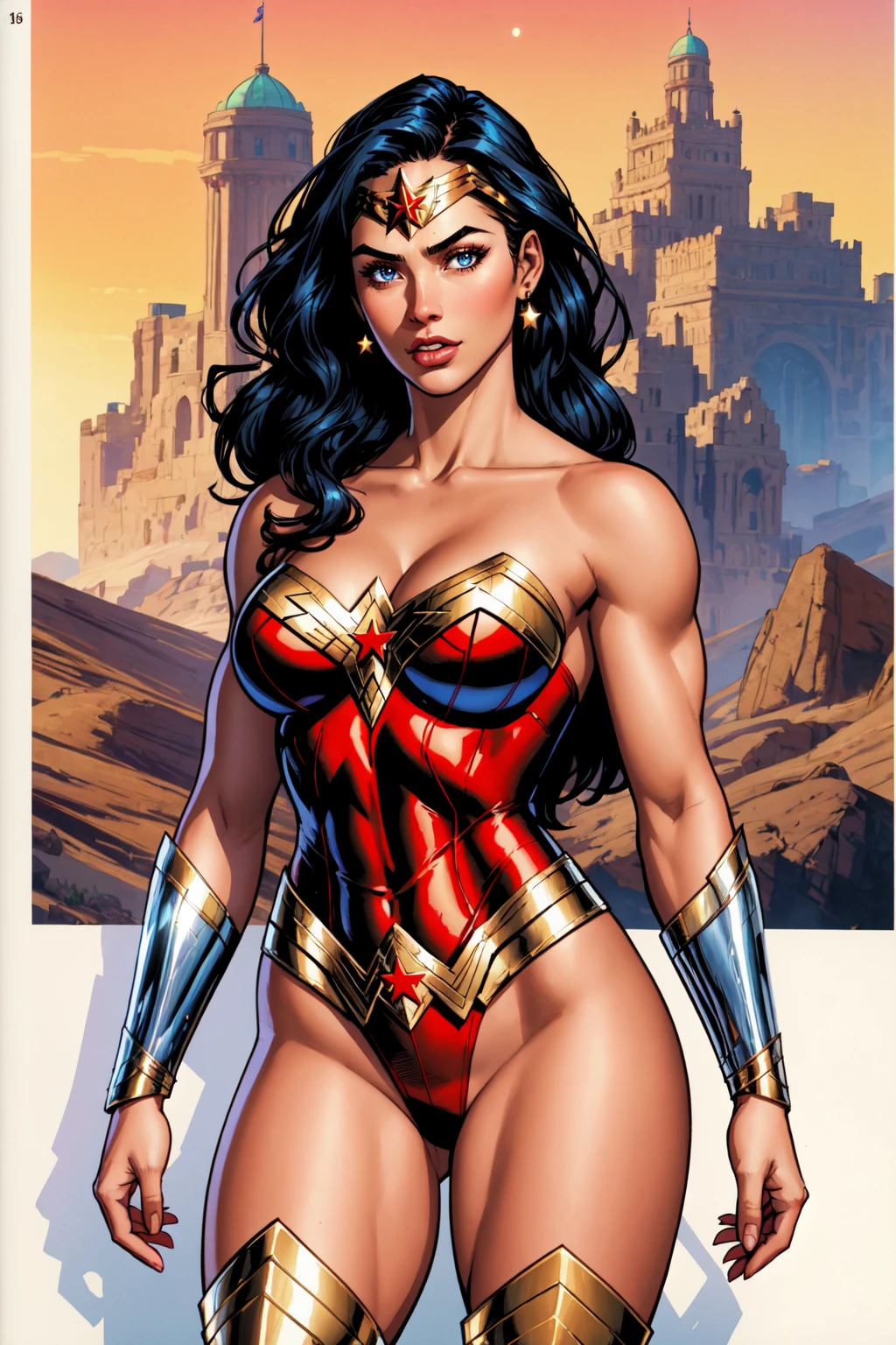 (masterpiece, best_quality, ultra-detailed), epic, illustration, intricate details, masterpiece, absurdres, best quality, realistic, Highest Quality , top torso portrait of Wonder Woman , 1girl, superhero, bare shoulders, jewelry, medium breasts, cleavage, leotard, star , (symbol), knee boots, beautiful face, muscular woman, comic book style, inked lines, ultra sharp, extremely detailed