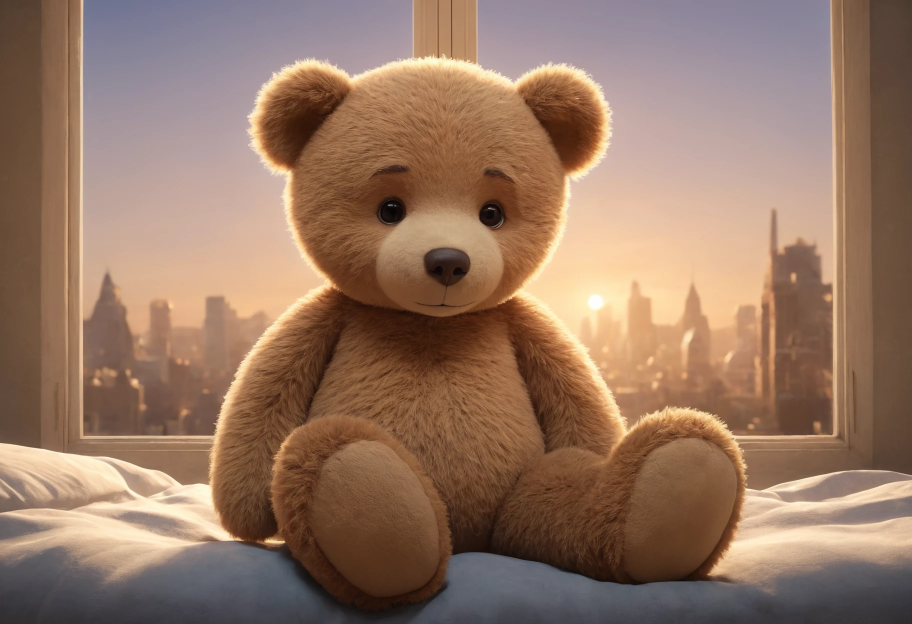 pixar (disney) cartoon of (the saddest baby teddy bear cub in the world, sadness, misery, abandoned, alone), teddy bear sitting on a bed, golden hour, cityscape in the window, light beam, symmetrical, chromatic fantasy, highly detailed, 8k, digital painting, oil painting, illustration, concept art, sharp focus, volumetric lighting, epic Composition, cgsociety, artstation