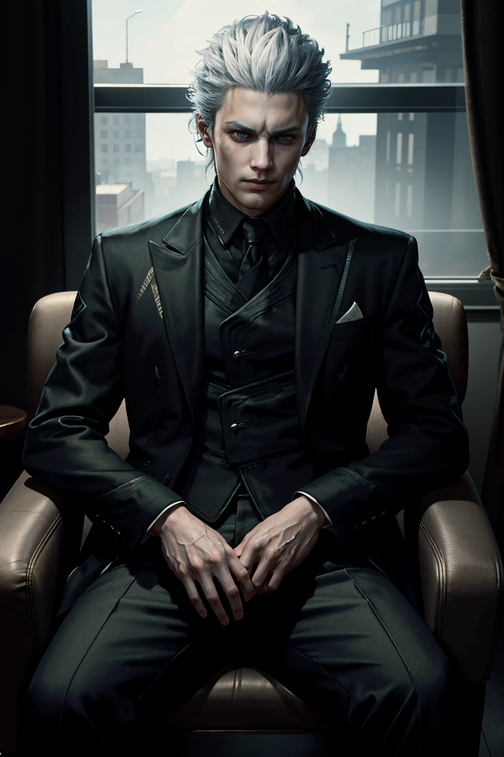 ((ultra detailed, masterpiece, absurdres))
<lora:DMC5Vergil:0.9>
DMC5Vergil, 1boy, solo, short hair, white hair, High-fashion avant-garde ensemble, abstract studio lighting, striking pose, pushing fashion boundaries