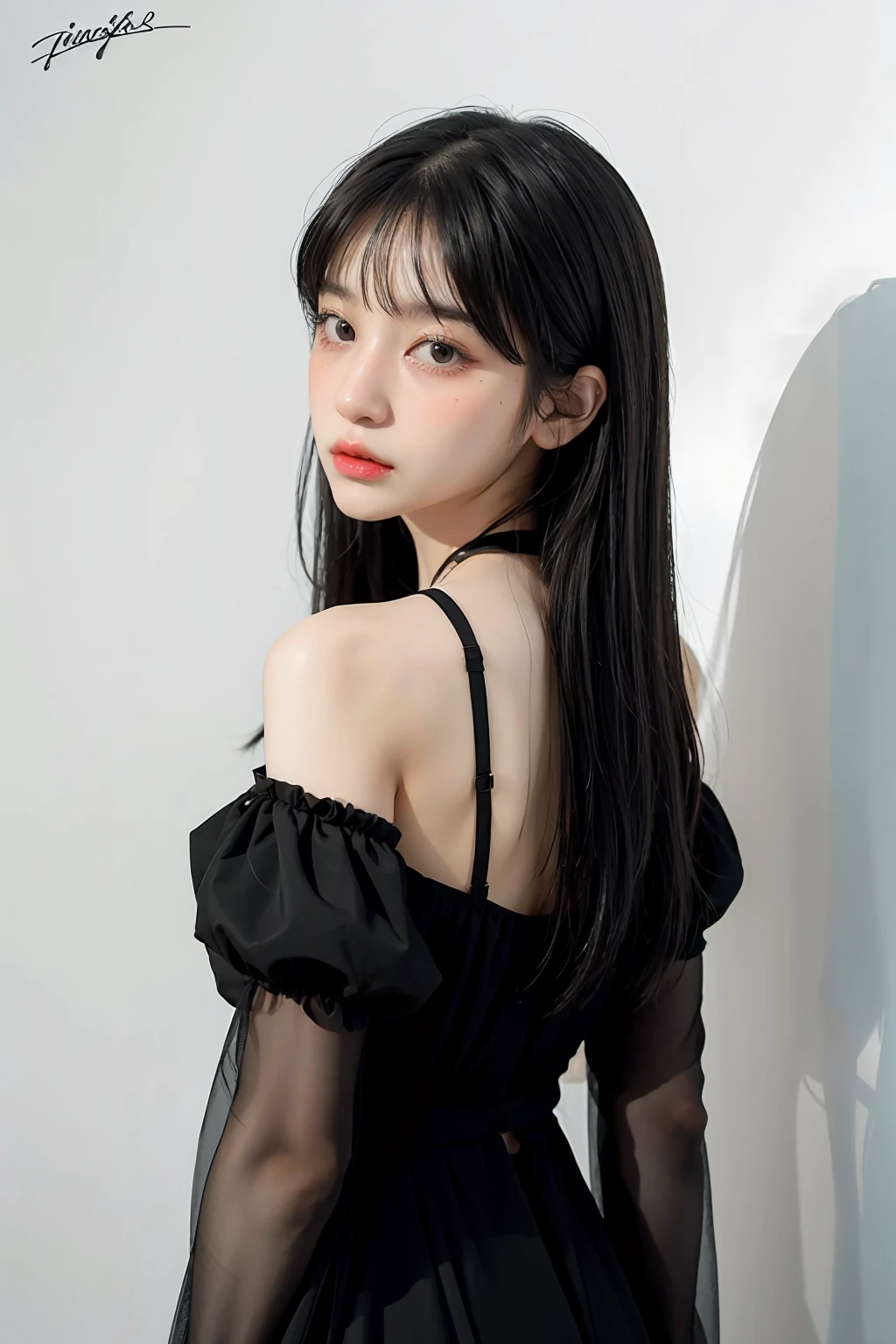 1girl,hair with bangs,black long dress,white background, <lora:bllncp-04:1>