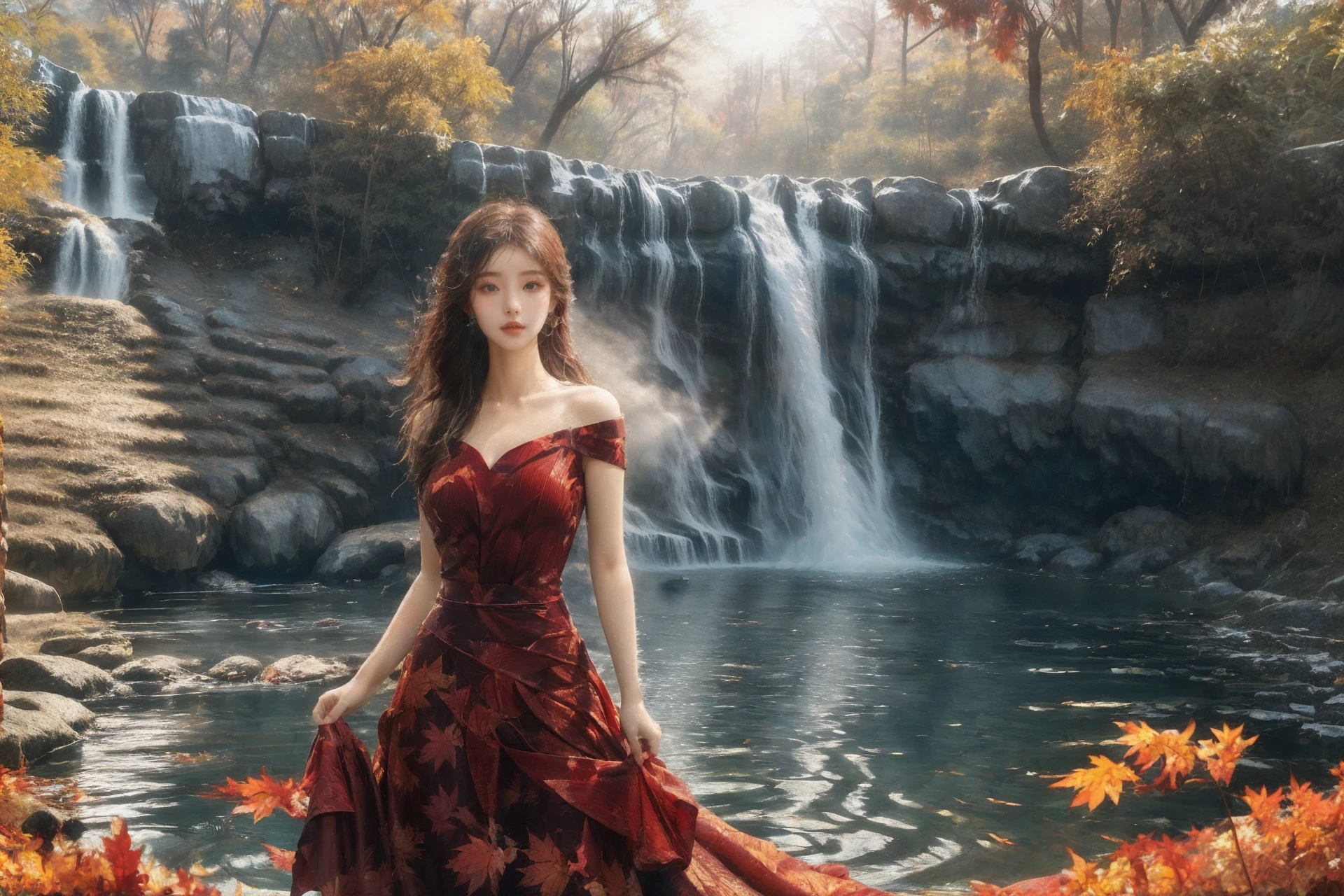 (fashion magazine cover:1.2),(full-size photograph:1.2),(a beautiful and delicate girl:1.2),gorgeous formal attire,(fashion design:1.1),a tender and watery gaze,elegant,
(waterfall:1.15),(ripples:1.1),((Dadaism)),(mist:1.2),ð,warm and delicate sunshine,<lora:maple leafðå¶è½ç°å¢_v1.0:0.77>,<lora:æ³å:0.3>,