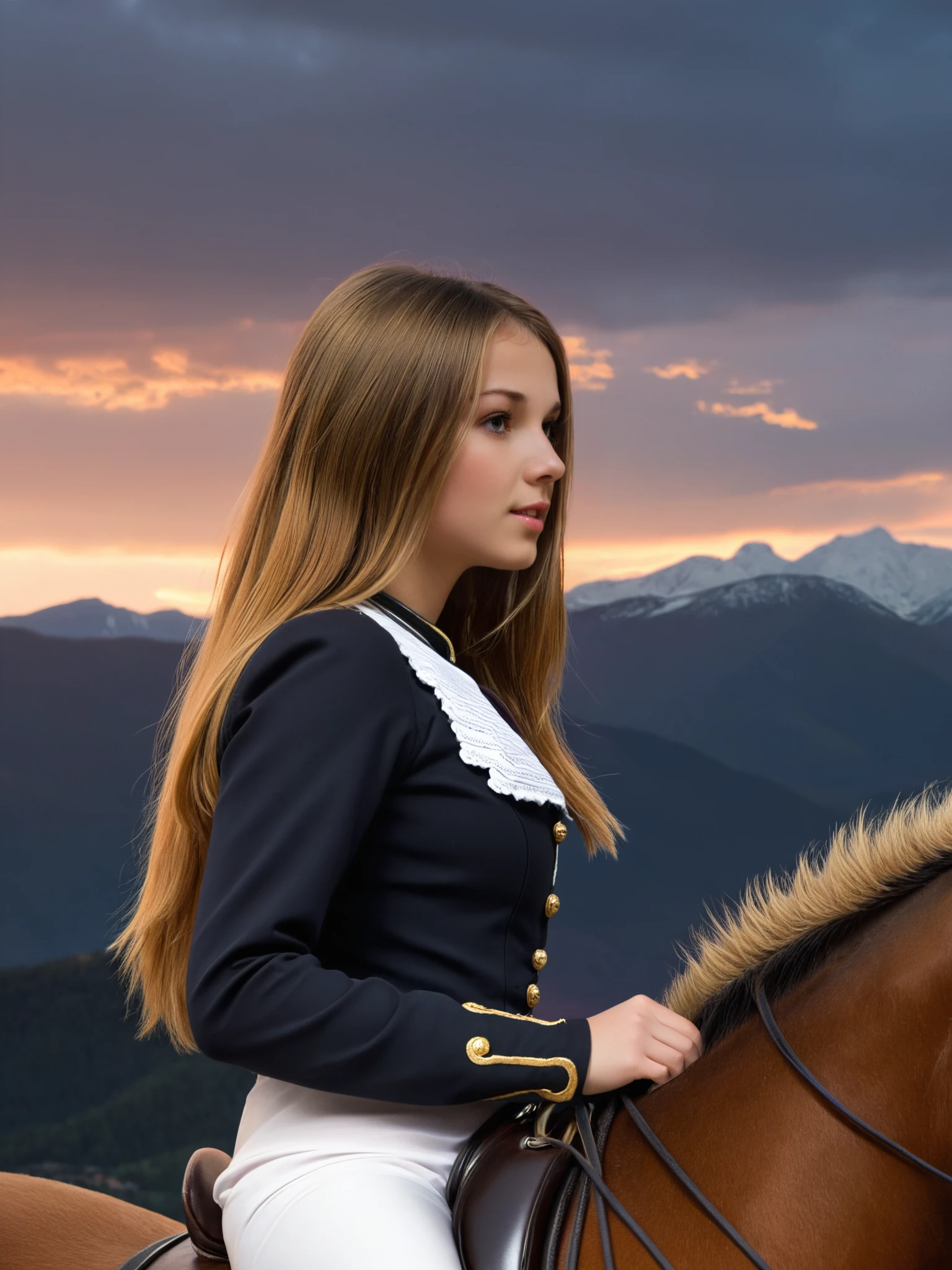 <lora:SDXL_JeffMilton_v1:1> , JeffMilton, girl, long hair, sitting on a horse, riding, sunset, mountains, clouds, close-up, upper body, highres, masterpiece, best quality, ultra-detailed 8k wallpaper, extremely clear