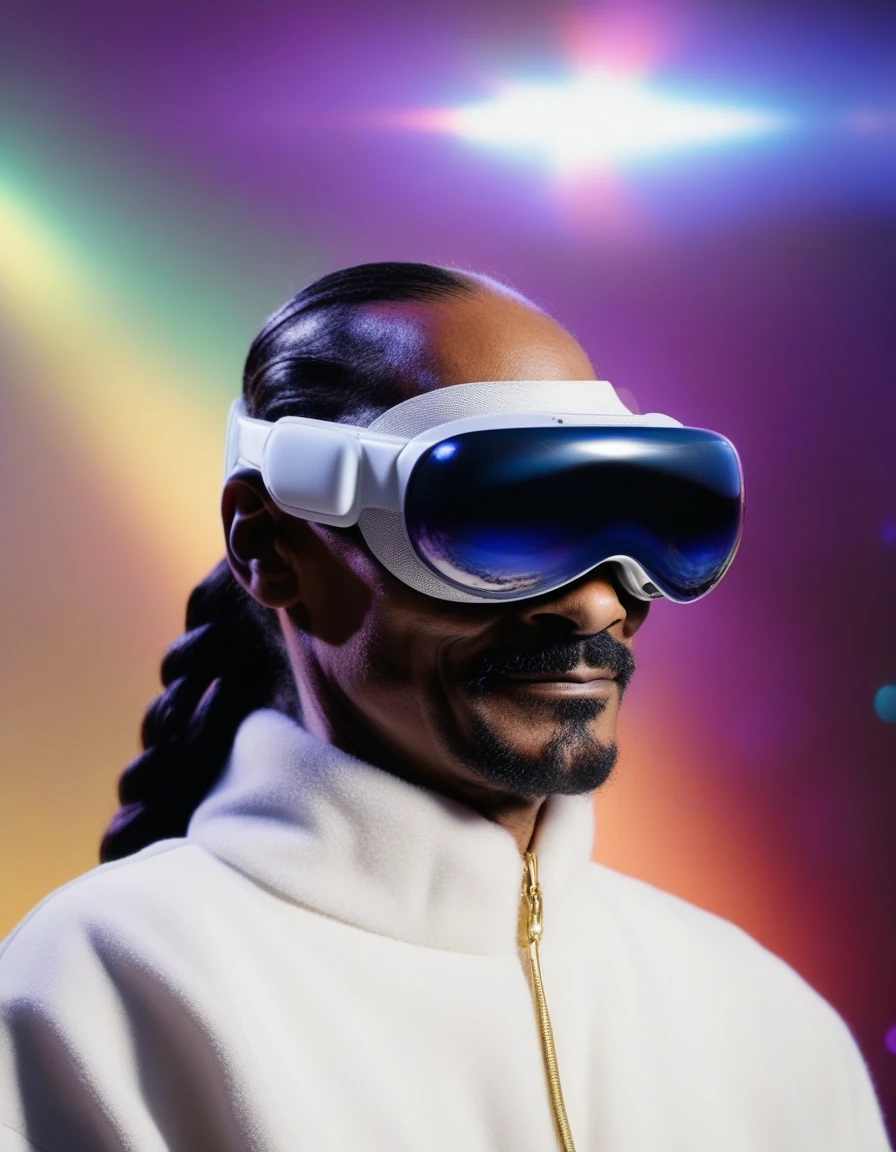 snoop dogg is wearing vsnz headset , galaxy in background, rim light <lora:AppleVisionProDoguXL_vsnz:1>