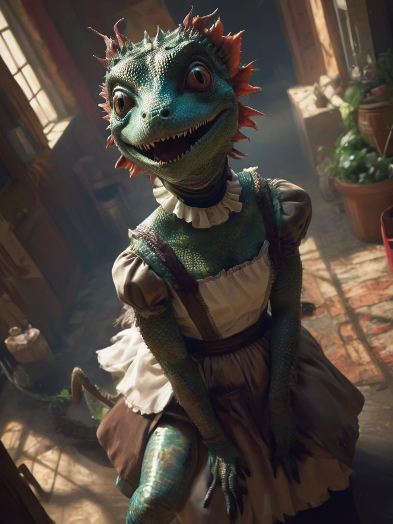rendition, what a interesting and colorful freak-show we have here, featuring a maid that is also a (lizard:1.2), and probably lusty, but also a voodstyle, hard to tell from this high-angle perspective,   deep shadows, digital art, perfect composition , high resolution, low saturation, lowkey, low Contrast,  <lora:- SDXL - stnerfx _Stoned_Fox_Style_V4.0:0.3>  <lora:- SDXL - voodstyle_ Voodoofy_V1.0:0.5>