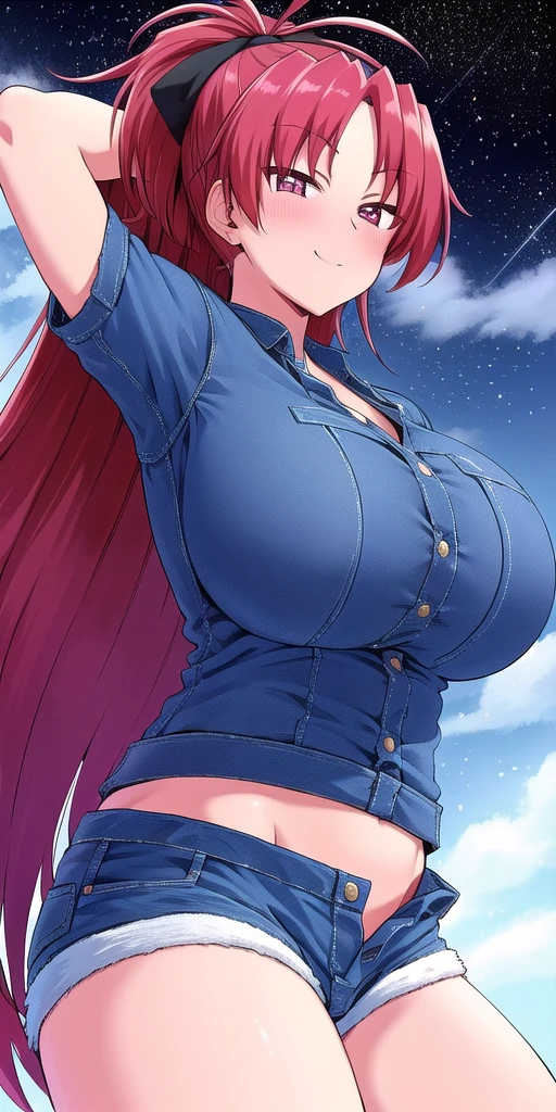 <lora:kyouko_sakuraV1:0.7> kyouko_sakura, huge_breasts, standing, solo, denim_shorts, starry_sky,, masterpiece, best quality, detailed face, detailed eyes, highres,