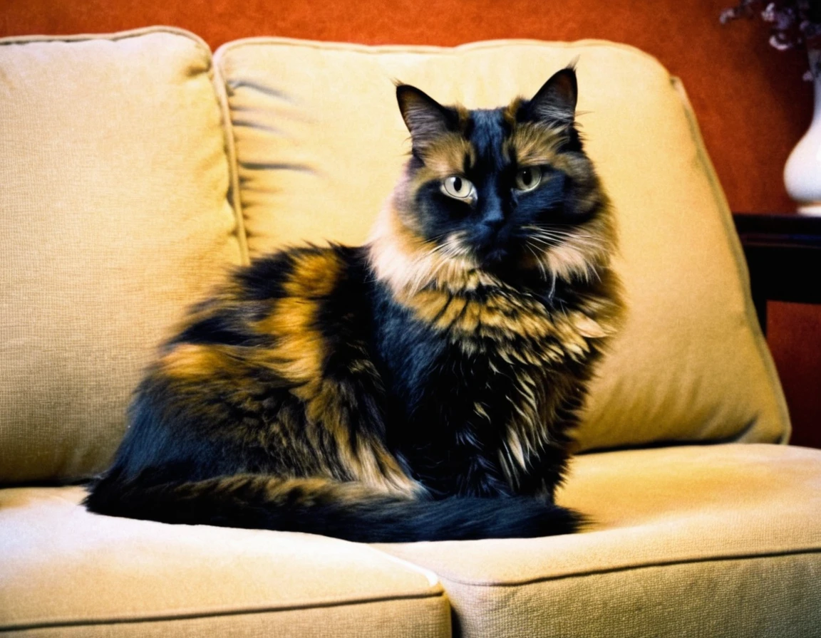a fluffly tortoiseshell cat sitting on a couch,glossy film,jpg,grainy,bad quality, <lora:BadQualityOP_SDXL_v01:1>
