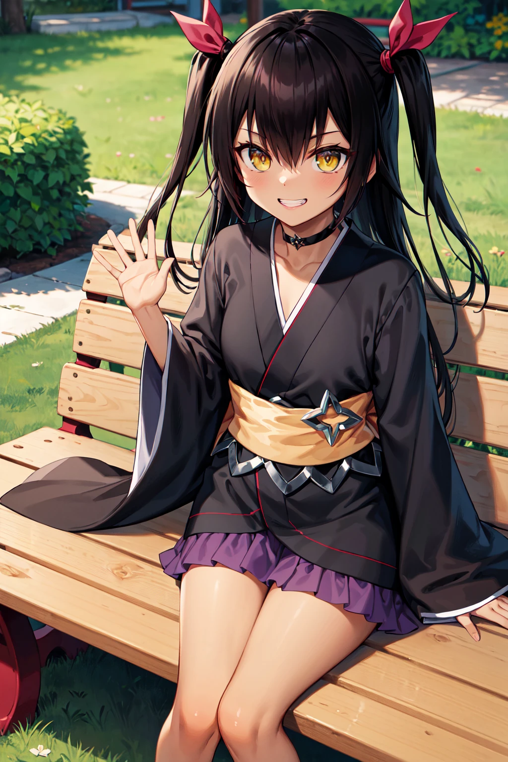 masterpiece, best quality, highres, aanemesis, long hair, black hair, two side up, hair ribbon, tan,. dark skin, black choker, frills, japanese clothes, (black kimono:1.2), obi, purple skirt, <lora:nemesis_v1:0.7>, sitting, grin, waving, bench, outdoors