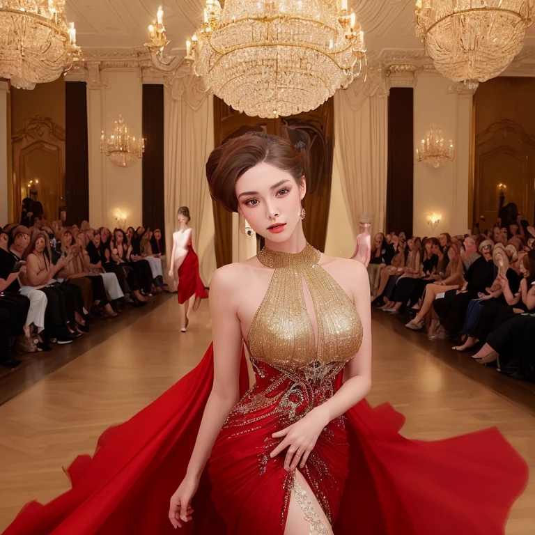 A high-end fashion show. The venue is an opulent ballroom with crystal chandeliers and ornate gold accents. Models strut down a runway adorned in luxurious fabrics,intricate beading,and bold colors. In this scene,the woman wears a stunning red gown that hugs her curves while still allowing for easy movement. Her hair is styled in an elegant updo with tendrils framing her face,giving off an air of sophistication as she observes the latest fashion trends from the front row.,<lora:å¦è³:1>,yuzuki_(hmr813k),