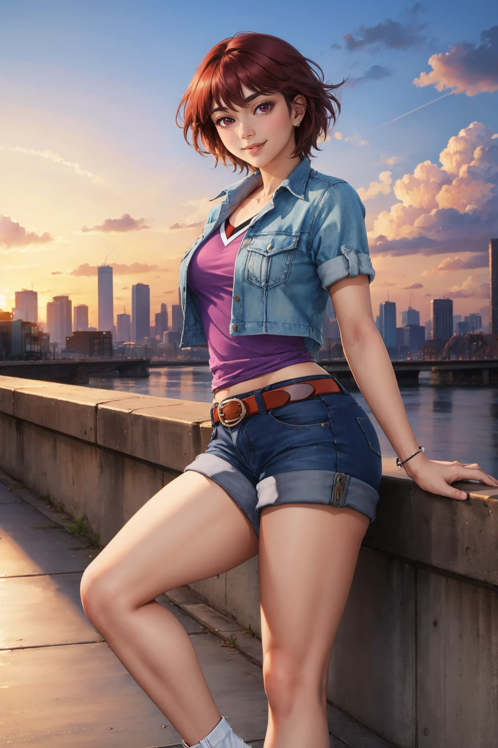 masterpiece, best quality, <lora:fujiedayoshino-nvwls-v1-000010:0.9> fujieda yoshino, denim jacket, pink shirt, belt, denim shorts, skyline, sunset, looking at viewer, smile