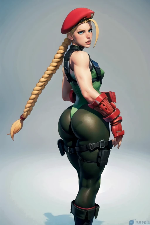 masterpiece,best quality,extreme detail,8k,<lora:cammyFN:0.8>, cammyfn, 1girl, solo, long hair, breasts, blue eyes, blonde hair, gloves, hat, ass, braid, boots, fingerless gloves, twin braids, leotard, lips, makeup, thigh strap, beret, watermark, scar, antenna hair, nose, holster, harness, thigh holster, thong leotard, green leotard, thigh pouch