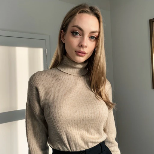 (Helena Lovista) 1Girl 18 years old, nur, Lange Haare, midsize boobs, Blick auf den Betrachter, blondes Haar, nackte Schultern, braune Augen, Schmuck, full entire body, Halskette, schulterfrei, pullover, lips, realistisch, Nase, Flirten mit der Kamera