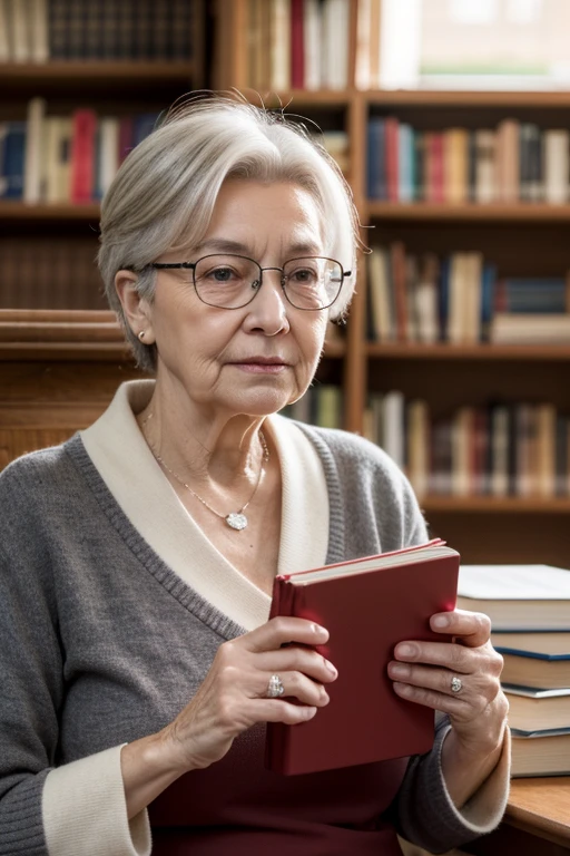 1 old woman,(professor:1.2),professional and scholarly attire,glasses for an academic look,neatly tied hair,intelligent and approachable expression,(holding a book or academic papers:1.3),university office background with bookshelves,academic awards,and research materials,soft ambient lighting,(engaged in academic work:1.2),close-up shot,exuding expertise and wisdom,nice hands,perfect hands,8k,Best quality,realistic style.,
