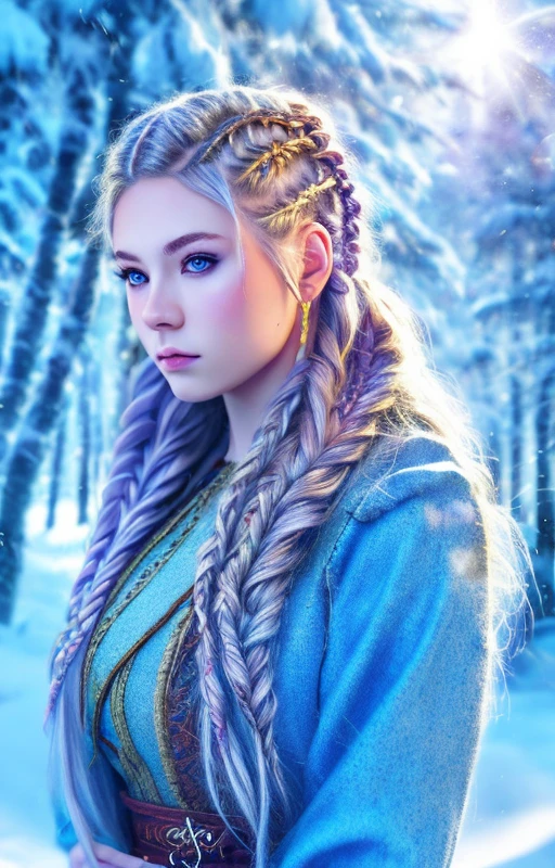 anime artwork scandinavian girl, braided hair, viking, intense eyes, depth of field, blurry background, voluminetric light, 8k wallpaper, snow, trees, sunshine, stunning portrait, hdr, <lora:braided_viking:0.8>, hair ornaments, hair clip, tattoo . anime style, key visual, vibrant, studio anime, highly detailed