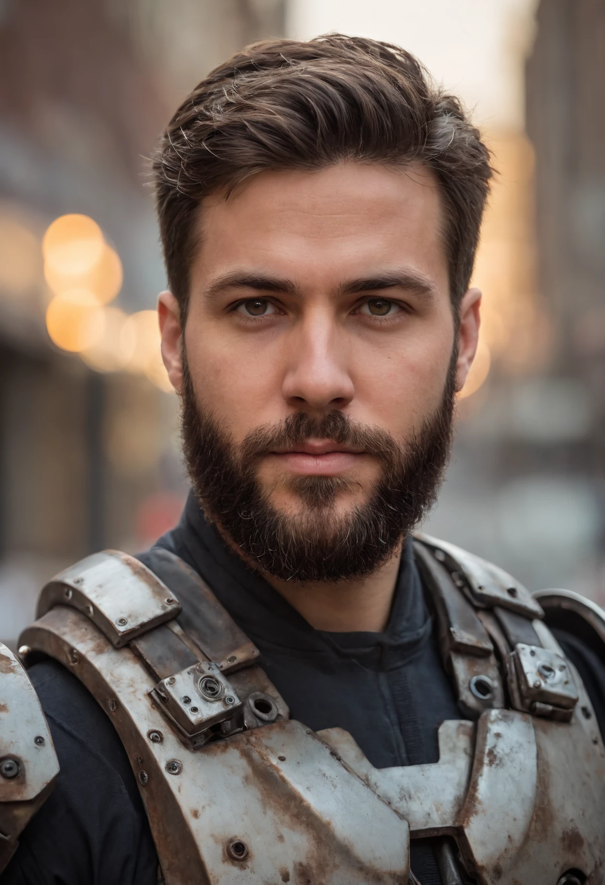 close up Portrait photo of muscular bearded guy in a worn mech suit, ((light bokeh)), intricate, (steel metal [rust]), elegant, sharp focus, photo by greg rutkowski, soft lighting, vibrant colors, masterpiece, ((streets)), detailed face