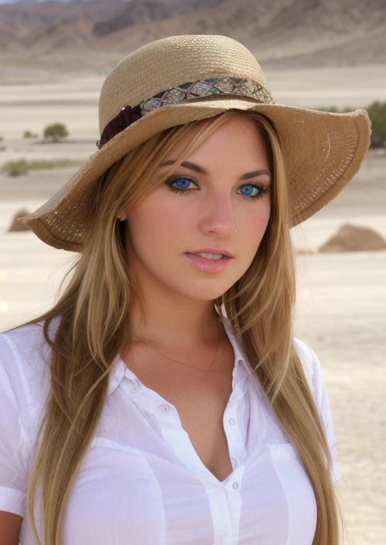 teagan_presley, close-up portrait of a woman standing in the burning man desert wearing a shirt and brown flat brim hat. BREAK, 1girl,solo, long hair,looking at viewer,blue eyes,blonde hair,lips <lora:teagan_presleyv2:1>, realistic, BREAK, [highly-detailed], [ultra-detailed], [hyperdetailed], BREAK, ultra-realistic, photorealistic BREAK