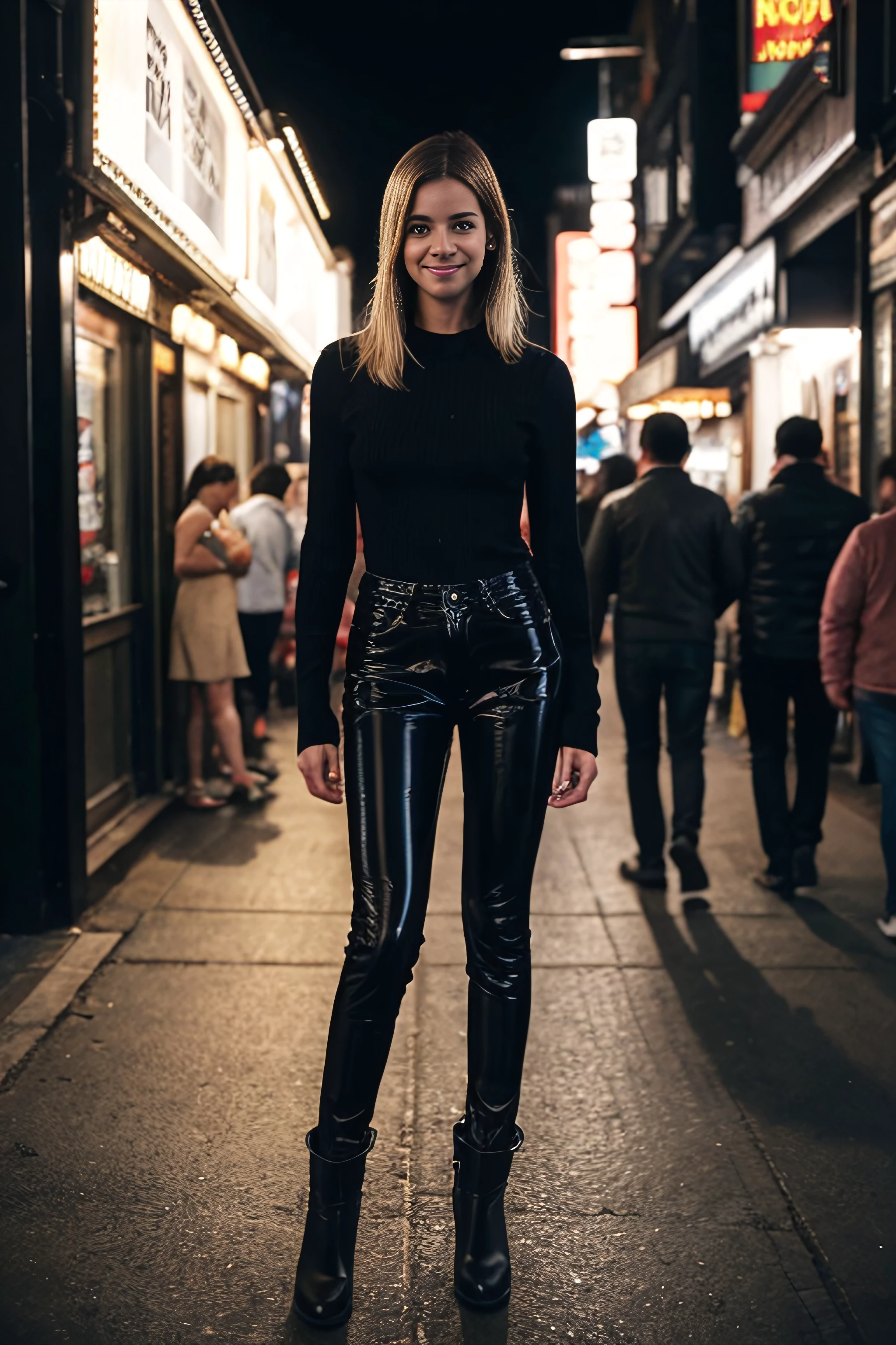 full body photo of blond woman wearing shiny black vnylpvc skinny jeans, smiling, posing at night market, crowded street, street market, spotlight, rim light, in the dark, dimly lit, low key, deep shadow,fogs, dark, moody, softbox lighting, instax film, photo taken with ektachrome ,<lora:vnylpnts:0.7>