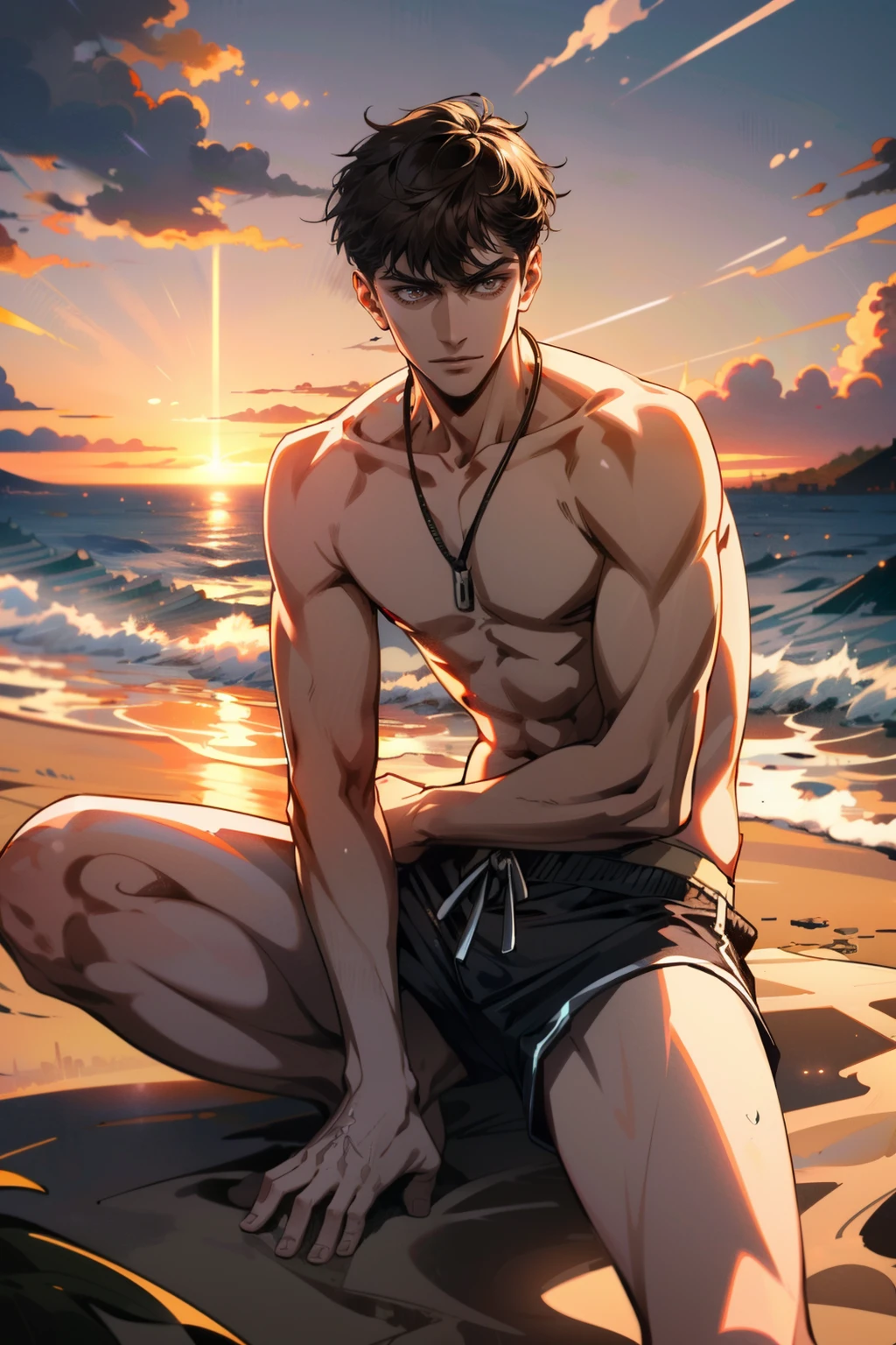 (absurdres, highres, ultra detailed), masterpiece, best quality, a boy topless, short hair, finely eye and detailed face, muscular, beach, casual clothes, sunny sky and cloud,