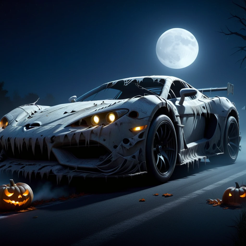 <lora:hw_ghostly_XL:1> hwghostly, sports car, racing past, in motion, night, moonlight, tattered rags, volumetric lighting, extremely detailed,