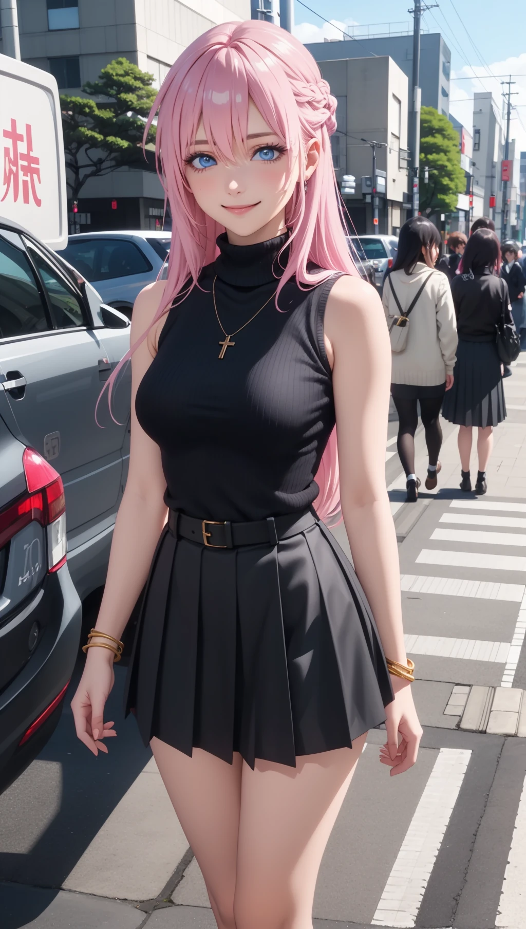 (masterpiece, best quality), intricate details, shikimorisan, 1girl, pink hair, long hair, blue eyes, hair between eyes, bangs, breasts, smile, sweater, turtleneck sweater, sleeveless, necklace, skirt, pleated skirt, black skirt, black belt, outdoors, tokyo, street, <lora:shikimorisanv3:0.7>