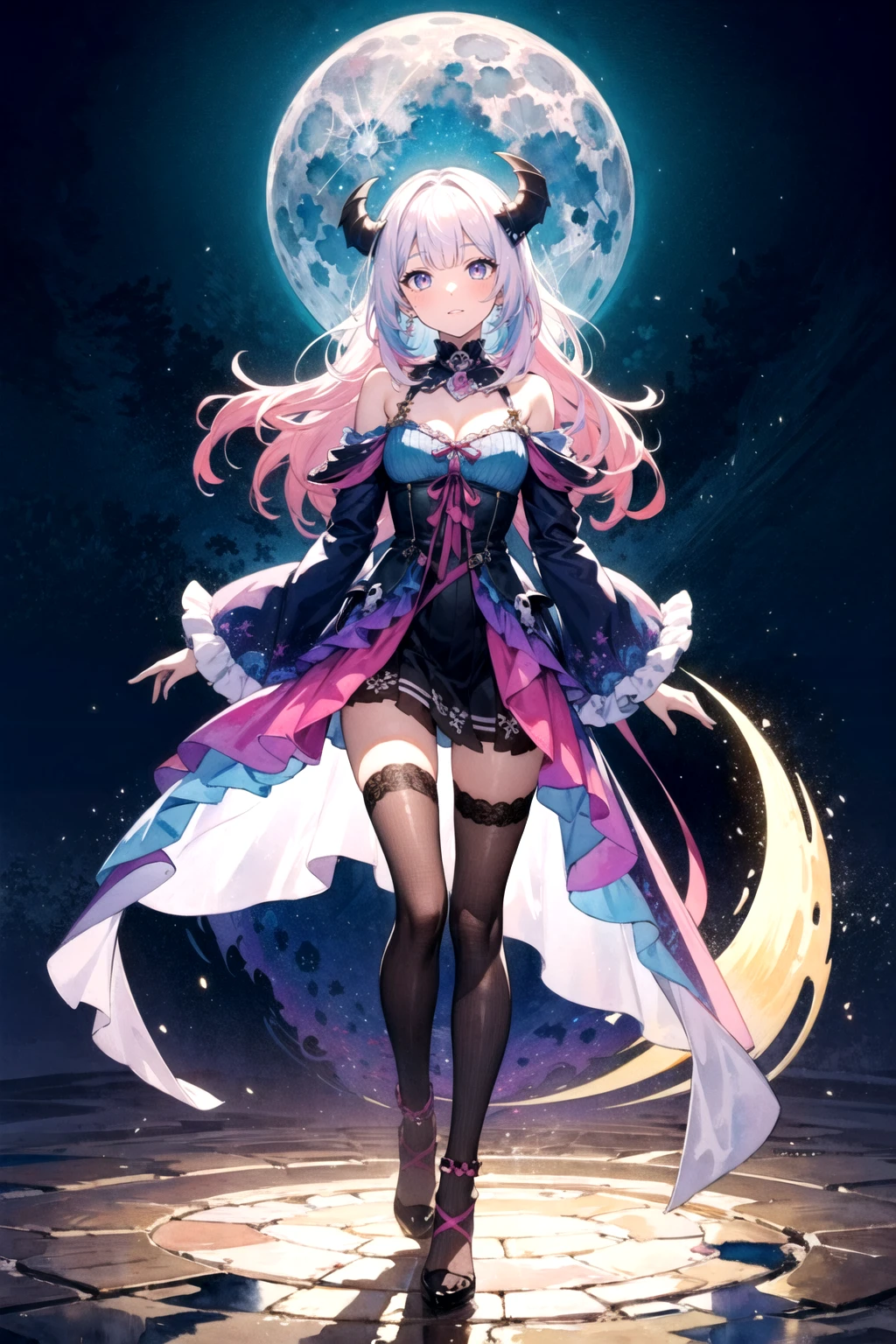 (masterpiece, top quality, best quality,watercolor (medium),official art, beautiful and aesthetic:1.2),(1girl:1.3), (fractal art:1.3),full body, looking at viewer,patterns,(rainbow color Hair,colorful hair,half blue and half pink hair:1.2), Movie Light, (Hell Building), Death Light, (Purple Particle), Demon, Moon, Bright Moonlight Skull, Very long hair, clothes with ridiculous Details, Whirlwinds,