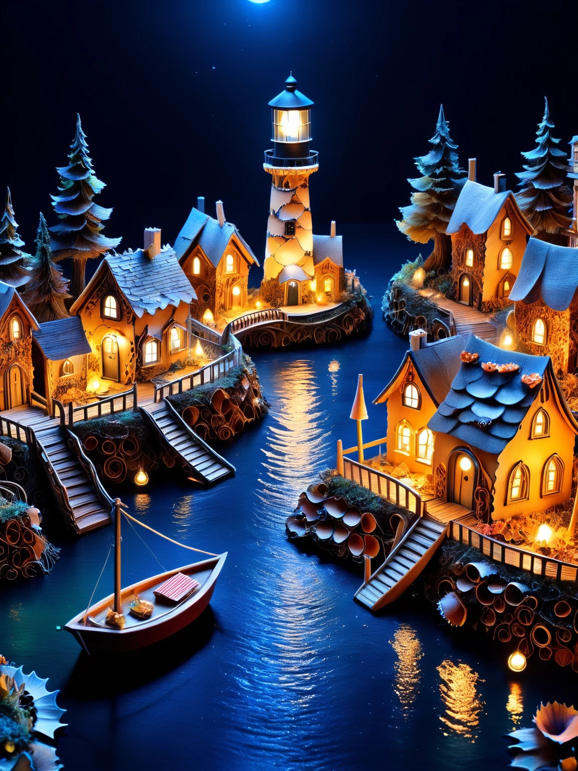 A whimsical miniature ais-pencilshavings fairy village at night, with tiny habor, fishing boats, a lighthouse, houses, bridges, and gardens all intricately detailed covered in ais-pencilshavings, smoke from chimneys, buildings with ethereal lights, dark, atmospheric, dynamic, cinematic, masterpiece, intricate, hdr. <lora:Pencil_Shavings_Style_SDXL:1> <lora:EnvyBetterHiresFixXL01:0:hr=1>