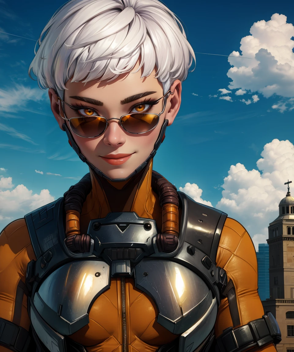 Valk,white hair,short hair,brown eyes, 
,orange bodysuit,  armor, smile,  yellow shades, 
upper body,standing, 
outside,clouds,rooftop,
(insanely detailed, beautiful detailed face, beautiful detailed eyes, masterpiece, best quality) 
 <lora:ValkAPL-10v9:0.8>