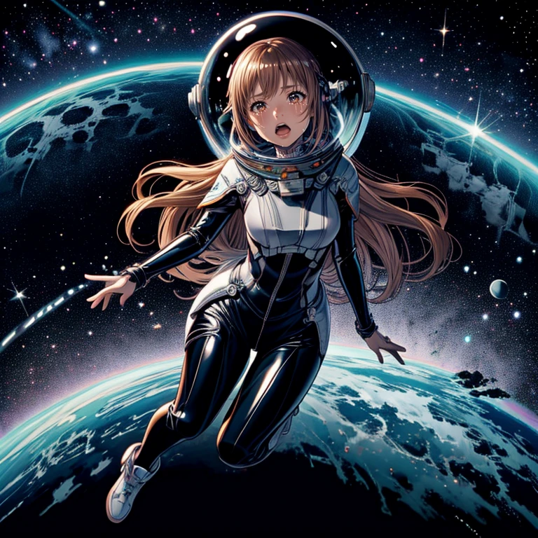 ((top quality, 8k wallpaper)),(masterpiece, best quality),extremely detailed,high definition,(official art:1.3),(((anime screencap,black outline))),<lora:more_details:0.3>,<lora:LCM_LoRA_Weights_SD15:1>,1girl,solo,scared,panicking,constricted pupils,screaming,raised eyebrows,wide-eyed,crying,tears,
<lora:asuna_(sao)_v1:0.7>,aaasuna,long hair,brown hair,braid,brown eyes,
BREAK
<lora:tightSpacesuit:0.4>,(((latex,skin tight,space helmet,helmet,astronaut,full body))),floating,space, starry sky,
