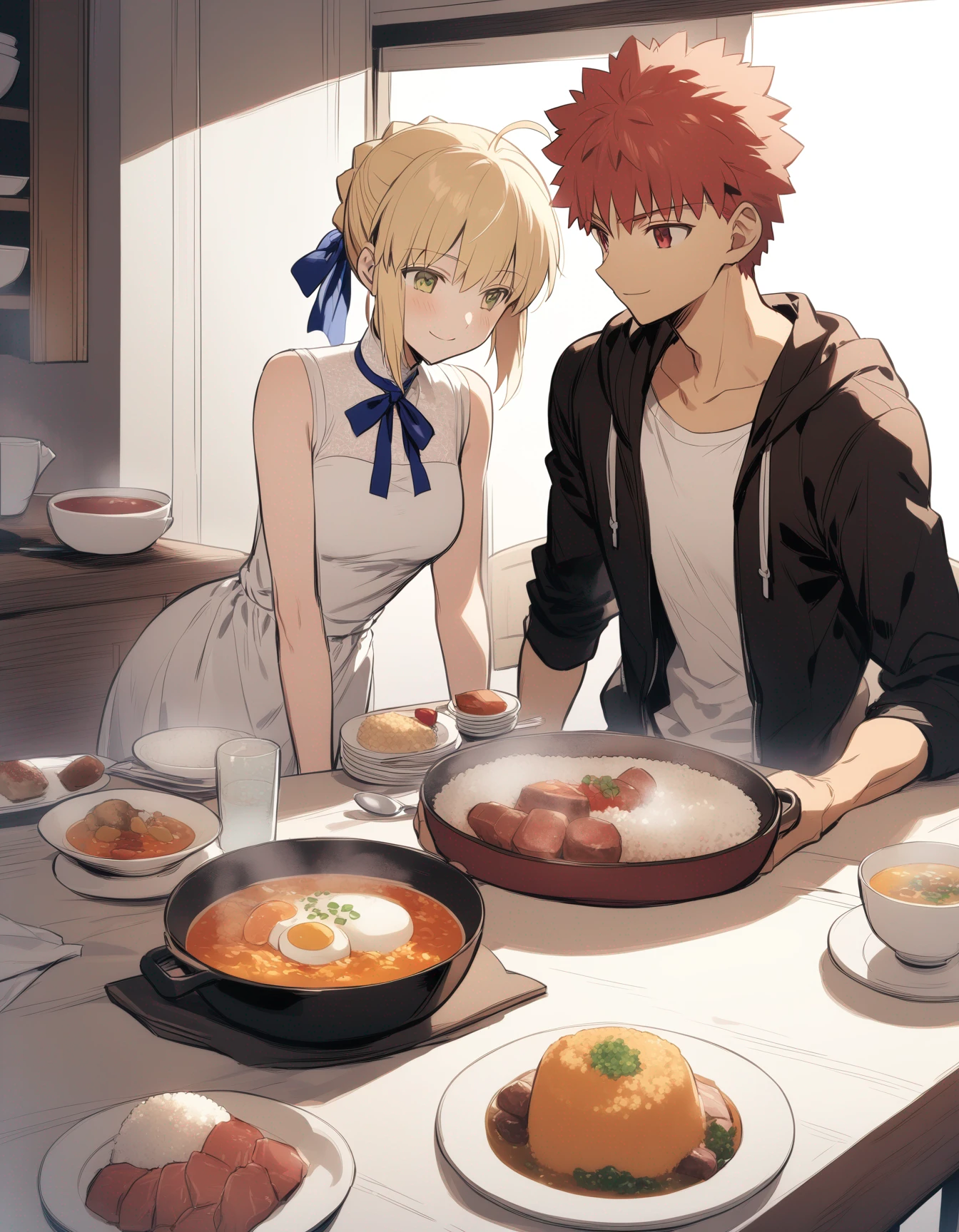 A boy and a girl, Emiya Shirou and Artoria Pendragon from fate series, having their breakfast in the dining room. Emiya Shirou wears white t-shirt and jacket. Artoria Pendragon wears white dress with blue neck ribbon. Rice, soup, and minced meats are served on the table. They look at each other while smiling happily, masterpiece, best quality