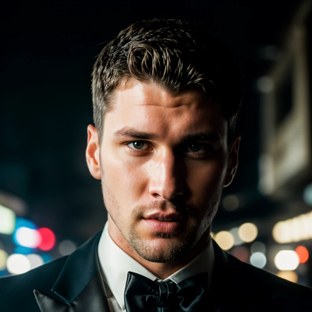 face portrait of kylehynick person using a tuxedo, in blade runner, professional photography, high resolution, 4k, detailed photo, <lora:kylehynick_82800:1>
