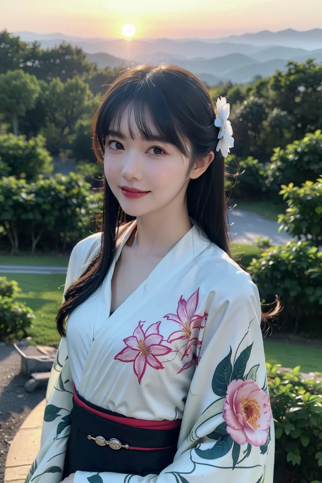 1girl,(wearing a gorgeous floral pattern kimono:1.2),(RAW photo, best quality), (realistic, photo-realistic:1.4), masterpiece, an extremely delicate and beautiful, extremely detailed, 2k wallpaper, Amazing, finely detail, extremely detailed CG unity 8k wallpaper, ultra-detailed, highres, soft light, beautiful detailed girl, extremely detailed eyes and face, beautiful detailed nose, beautiful detailed eyes,cinematic lighting,(on a mountain top,sunrise,new year sunrise),perfect anatomy,slender body,smiling ,