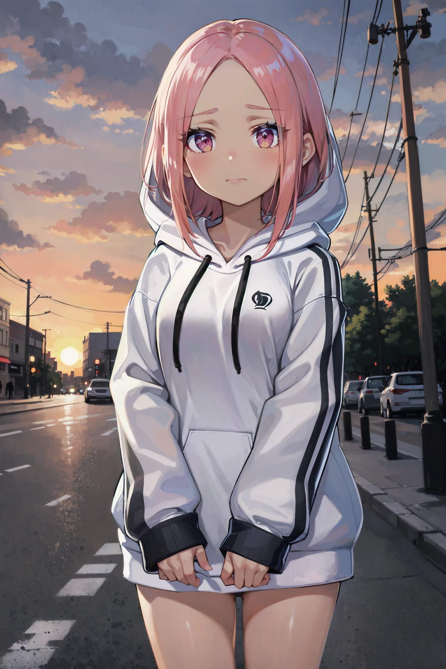 absurdres, high detail, uhd, city, street, sunset,
standing, walking, sad,
solo, yariri, forehead, worldb, white hoodie, hoodie, hood down, long sleeves, sleeves past wrists, clothes writing
<lora:MGCM-riri-t1:0.7>