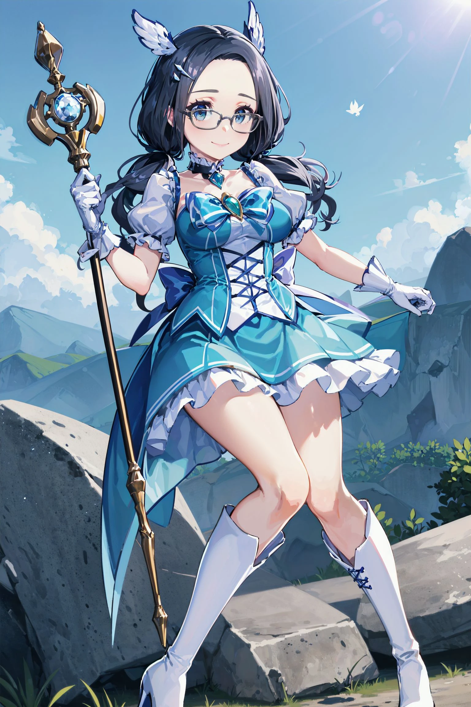 absurdres, high detail, uhd, ruins, morning, sky, mountain, stones,
standing, finish move, holding staff, mage staff, smile,
solo, marian, forehead, twintails, white-framed eyewear, magica2019, wing hair ornament, hair ornament, choker, blue dress, bowtie, brooch, puffy short sleeves, white gloves, layered skirt, frills, knee boots, bow, high heels
<lora:MGCM-marianne-t1-000100:0.7>