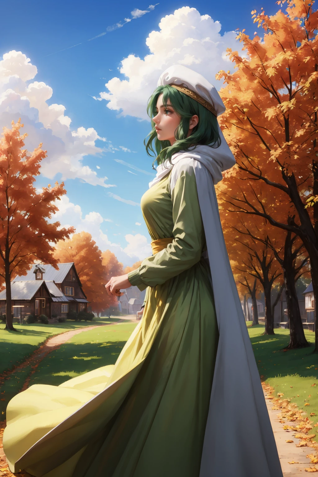 masterpiece, best quality, <lora:safy-nvwls-v1-000008:0.9> safy, hood, white cloak, green dress, long sleeves, long dress, profile, autumn, sky, clouds, village