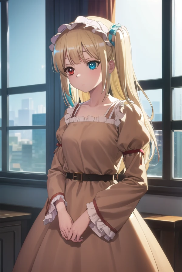 kobatohasegawa, <lora:kobato hasegawa s2-lora-nochekaiser:1>,
kobato hasegawa, long hair, blonde hair, (red eyes:1.3), blue eyes, (heterochromia:1.5), two side up,
BREAK dress, hairband, frills, long sleeves, puffy sleeves, juliet sleeves, (brown dress:1.3),
BREAK indoors, classroom,
BREAK looking at viewer, (cowboy shot:1.5),
BREAK <lyco:GoodHands-beta2:1>, (masterpiece:1.2), best quality, high resolution, unity 8k wallpaper, (illustration:0.8), (beautiful detailed eyes:1.6), extremely detailed face, perfect lighting, extremely detailed CG, (perfect hands, perfect anatomy),