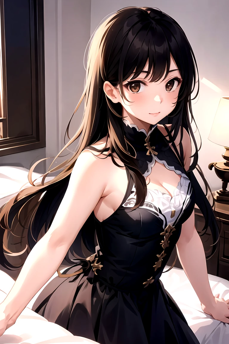 1girl, (portrait), (in love, in love expression:0.7), looking at viewer, (brown eyes:1.2), (long hair), deep v dress, room, (balanced photo, balanced exposure:1.2),